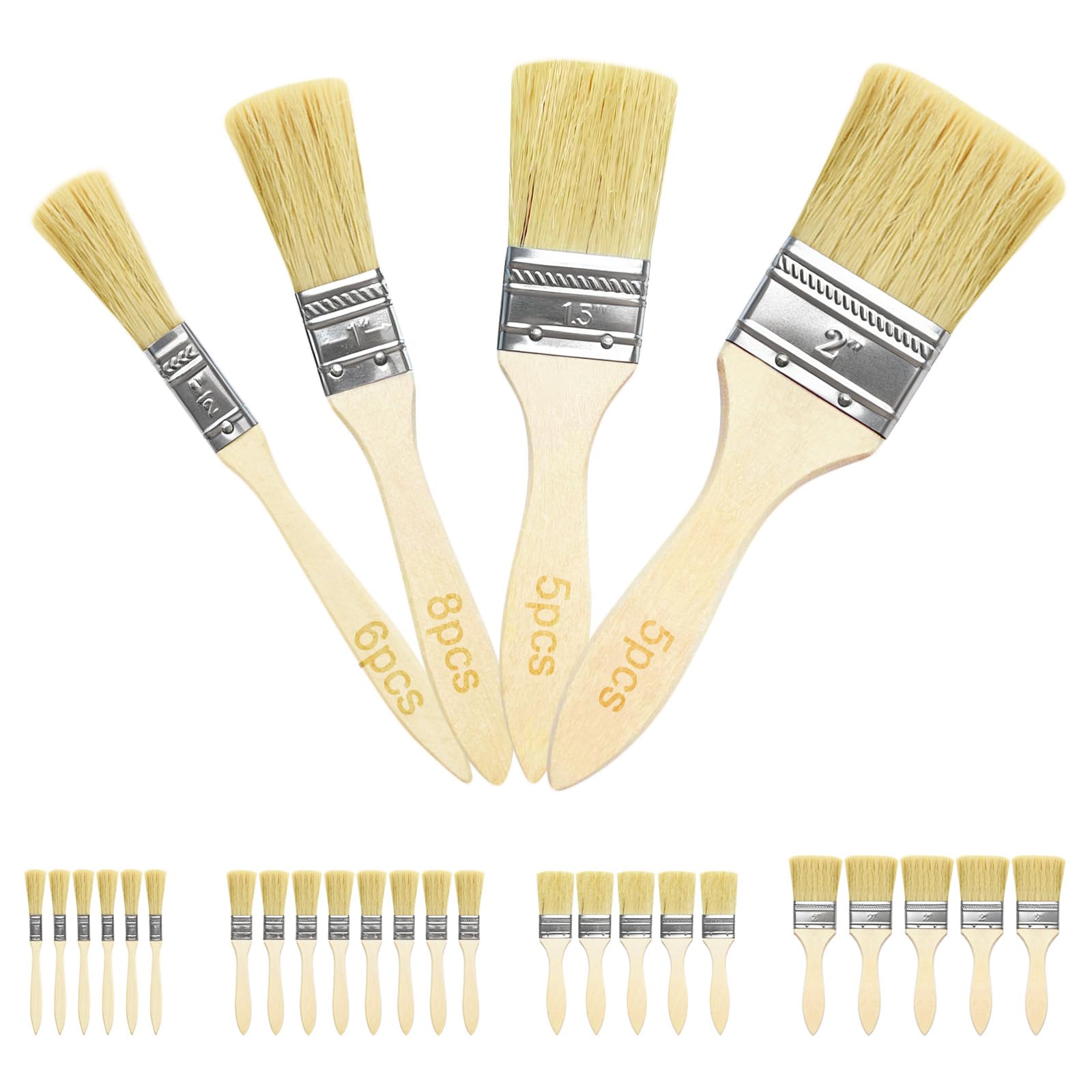 PDKKFF 24PCS Chip Paint Brush Set(0.5, 1, 1.5 and 2 inch), Wooden Handle Paint Brushes for Painting, Stain, Varnish, Glue, Wall, Furniture, Decorating-Woodwork and Home DIY