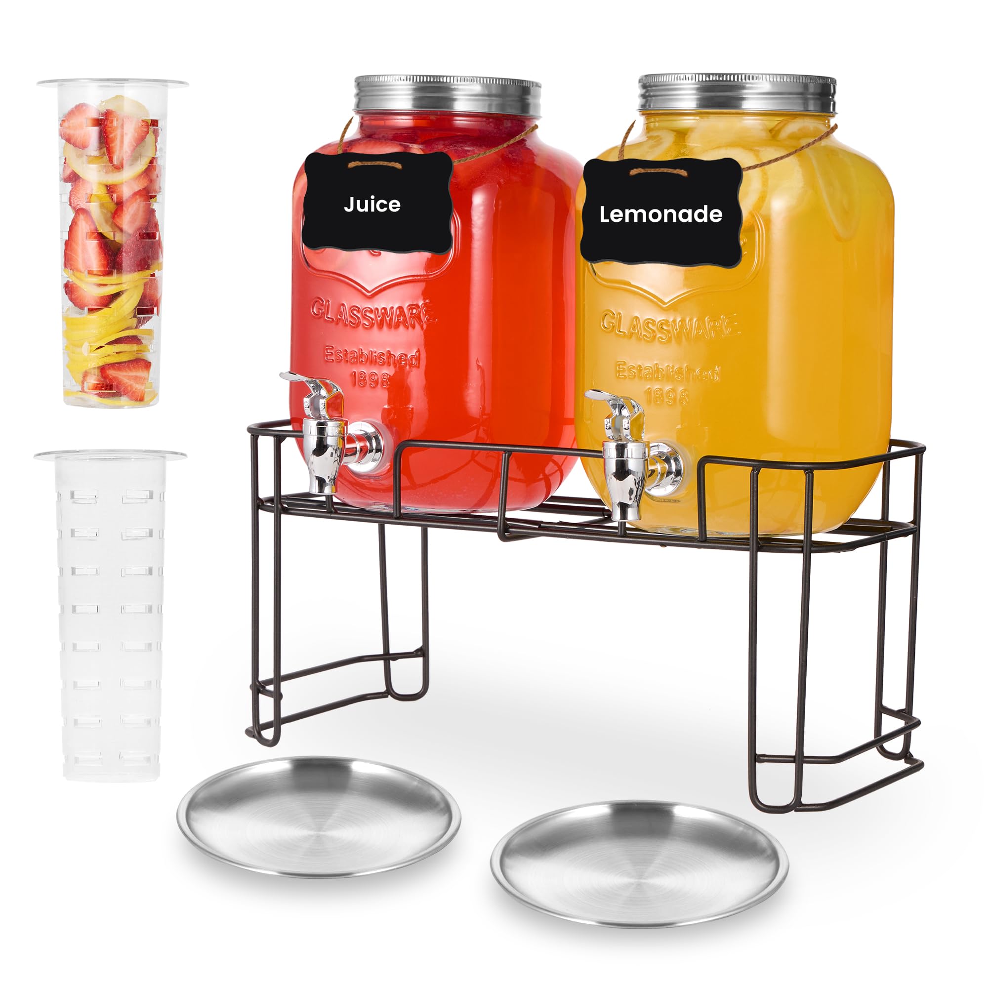 Paquete de 2 dispensadores de bebidas de vidrio de 1 galón para fiestas, dispensador de bebidas, dispensador de bebidas de vidrio con soporte y espiga (espiga de plástico)