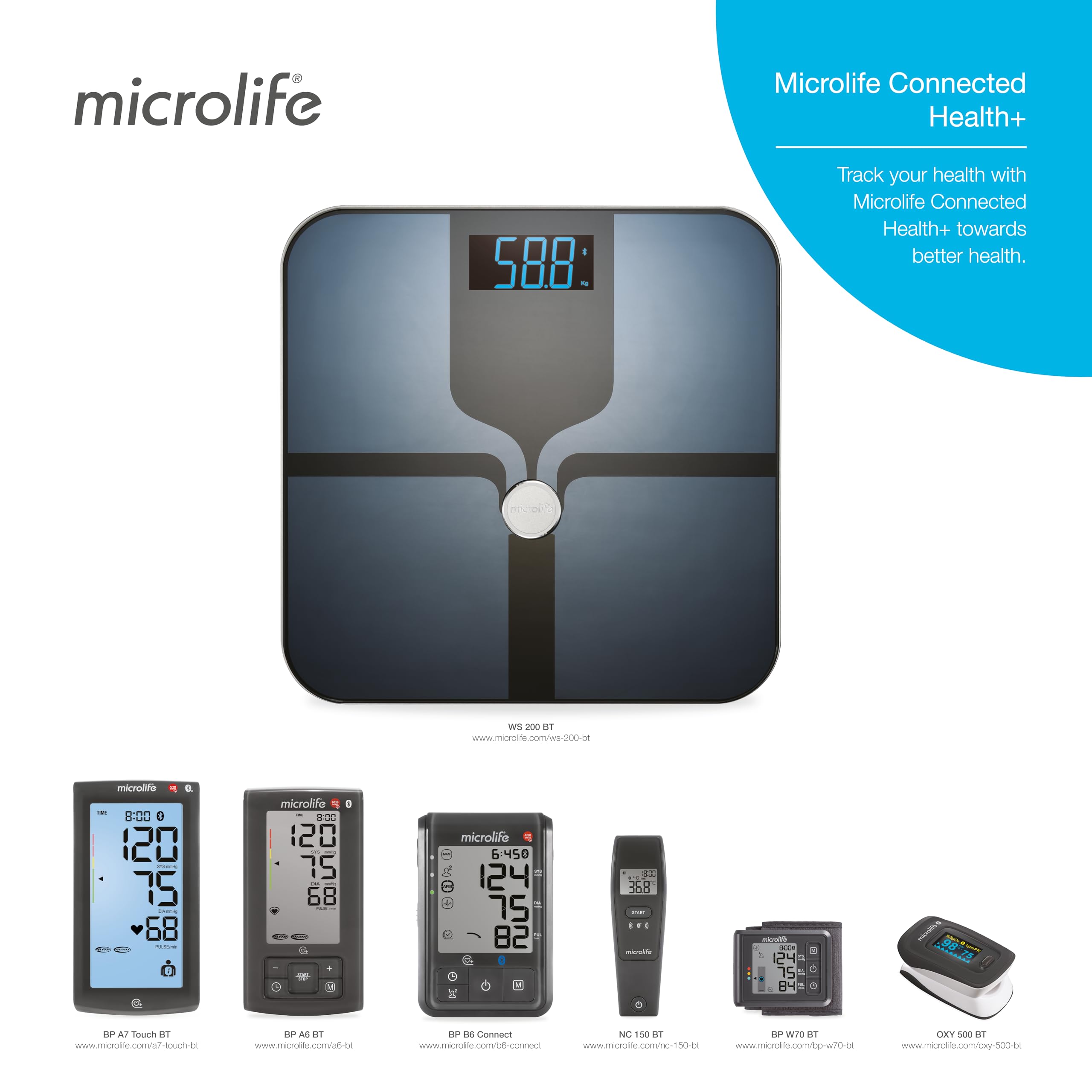 Microlife OXY500 BT Oxymètre Pouls Connecté, Garantie 5 ans, Qualité Professionnelle, Bluetooth, Validé Cliniquement, Saturation en Oxygène (spO2), Alerte risque, Réglage Affichage/Luminosité