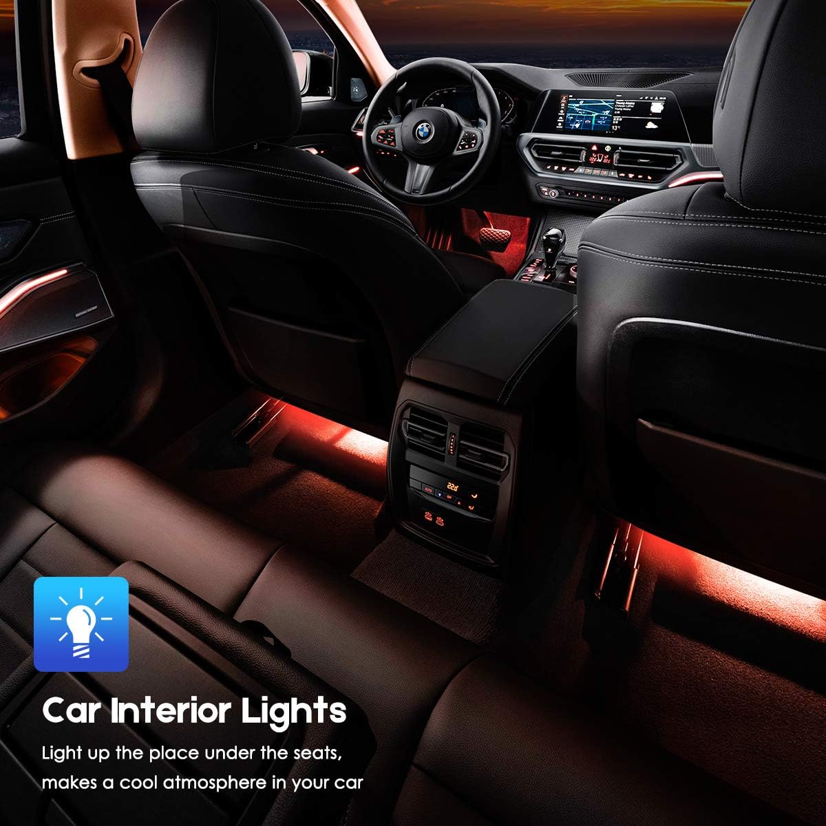 PryEU Car Interior LED Strip Lights 12'' RGB Color Changing with Music Sync Remote and 12V Lighter Plug for Automotive Inside Ambient Lighting, Pack of 4