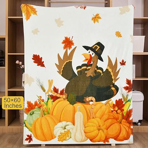 Miniatura 7 de Manta de Acción de Gracias con bolsa de regalo, bonita manta de pavo de otoño para adultos, suave y cómoda manta de vellón de calabazas para sofá