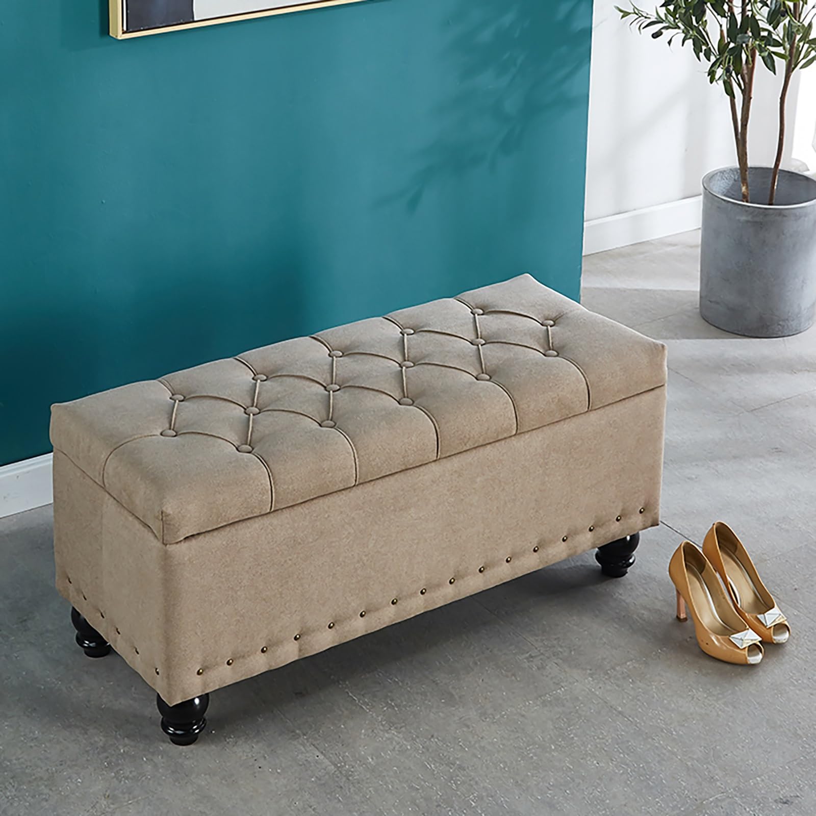 Pouf de rangement beige 40 cm pour entrée et chambre