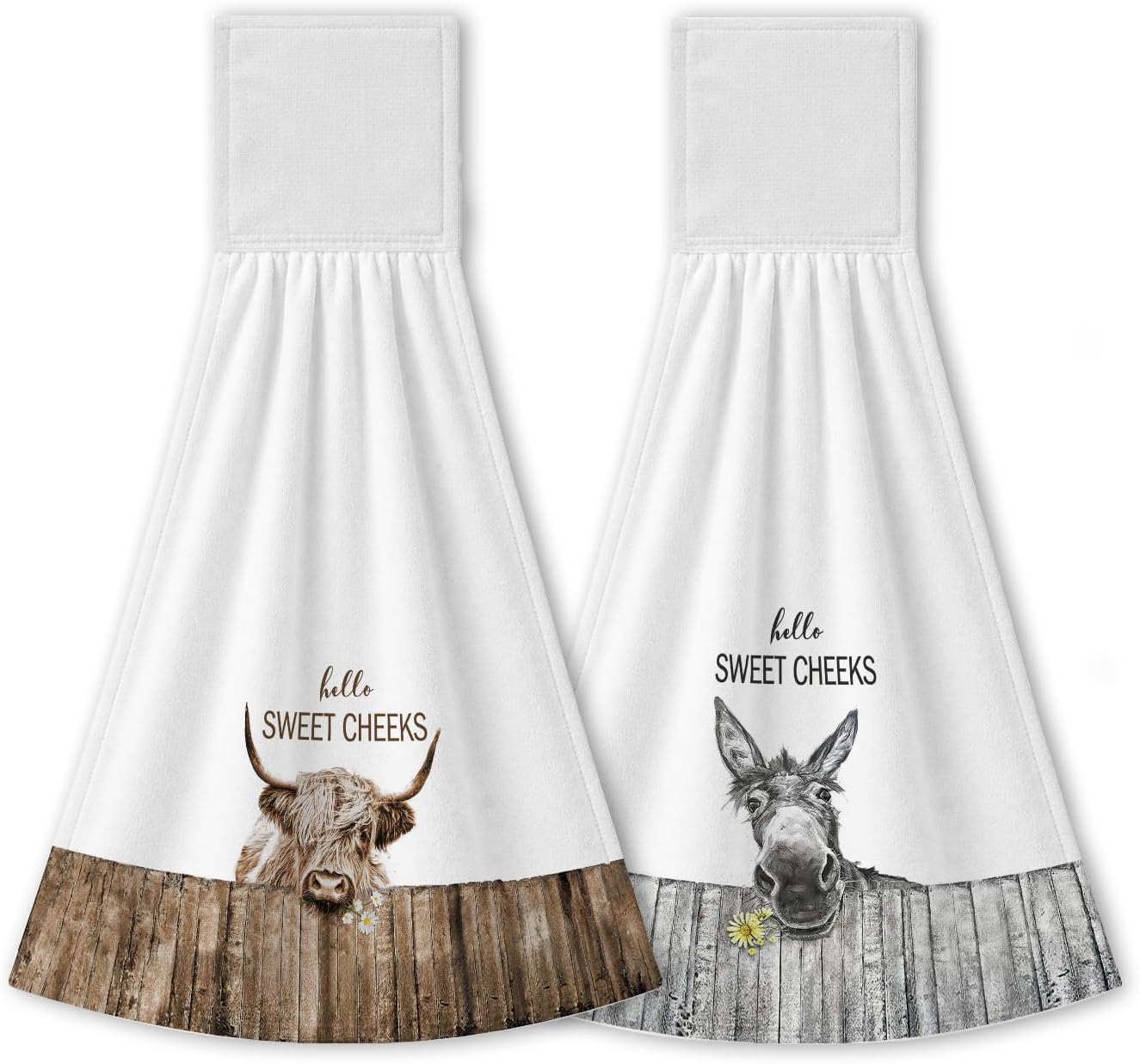 Farmhouse Highland Cow Donkey Hanging Hand Towels Set of 2, Hello Sweet Cheeks Bathroom Decor, Rustic Farm Animal Absorbent Hand Tie Towels Washcloth for Bathroom Washroom Spa Gym