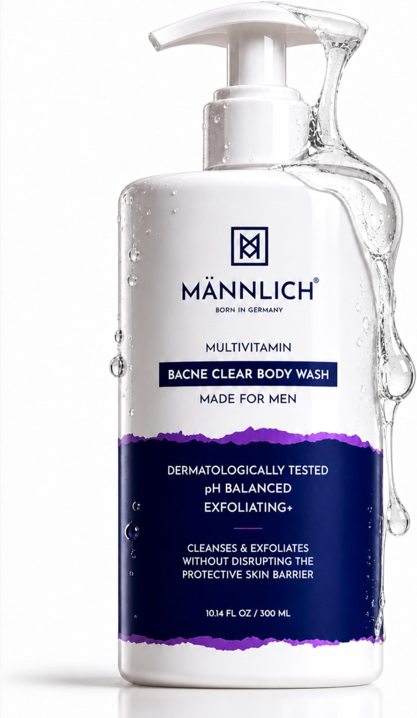 Mannlich 2% Salicylic Acid Body Acne Wash for Men (300 ml) - Bacne Clear Body Wash Men Shower Gel - 3% Niacinamide Prevents Body Acne, Exfoliates & Nourishes Skin - Suitable for All Skin Types - Para