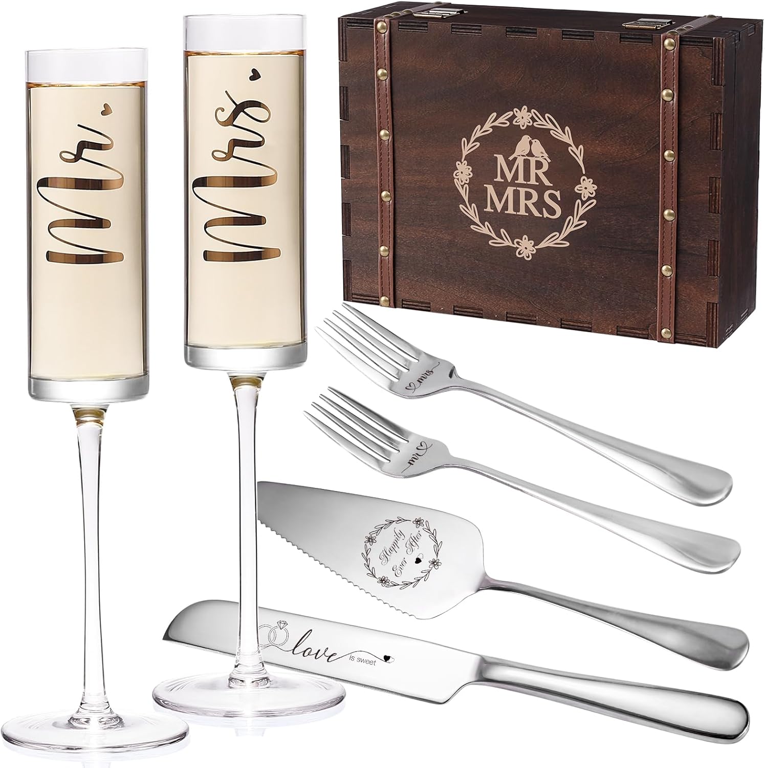 Physkoa Engagement Gifts for Couples-Mr and Mrs Champagne Glasses with Keepsake Box,Cake Knife and Server-Perfect Wedding, Engagement, or Bridal Shower Gift for Couples