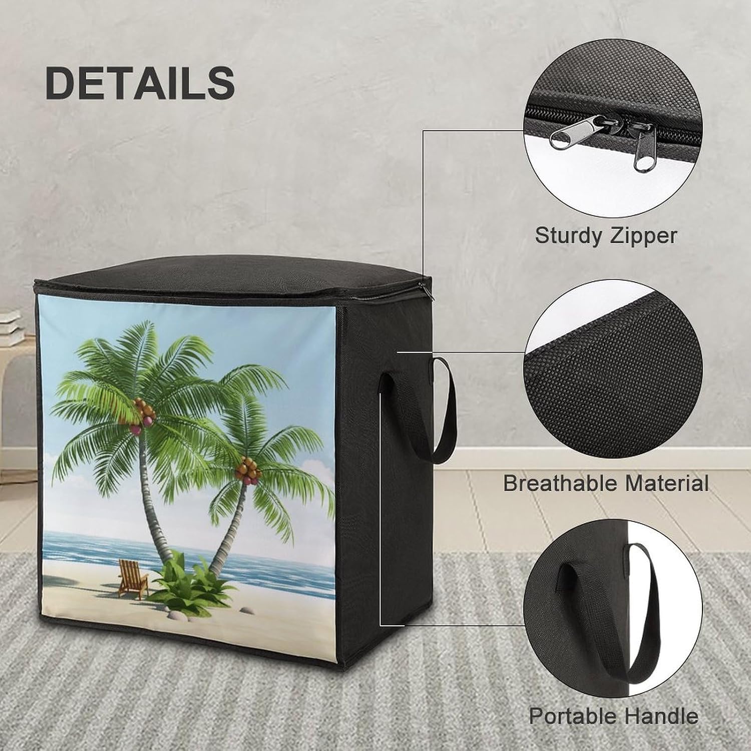 Tropical Palm Tree Storage Bag with Zippers And Handle Extra Large Bedding Comforter Storage Bag Foldable Blanket Storage Bags Fabric Moving Bags for Closet Organizer (70L)