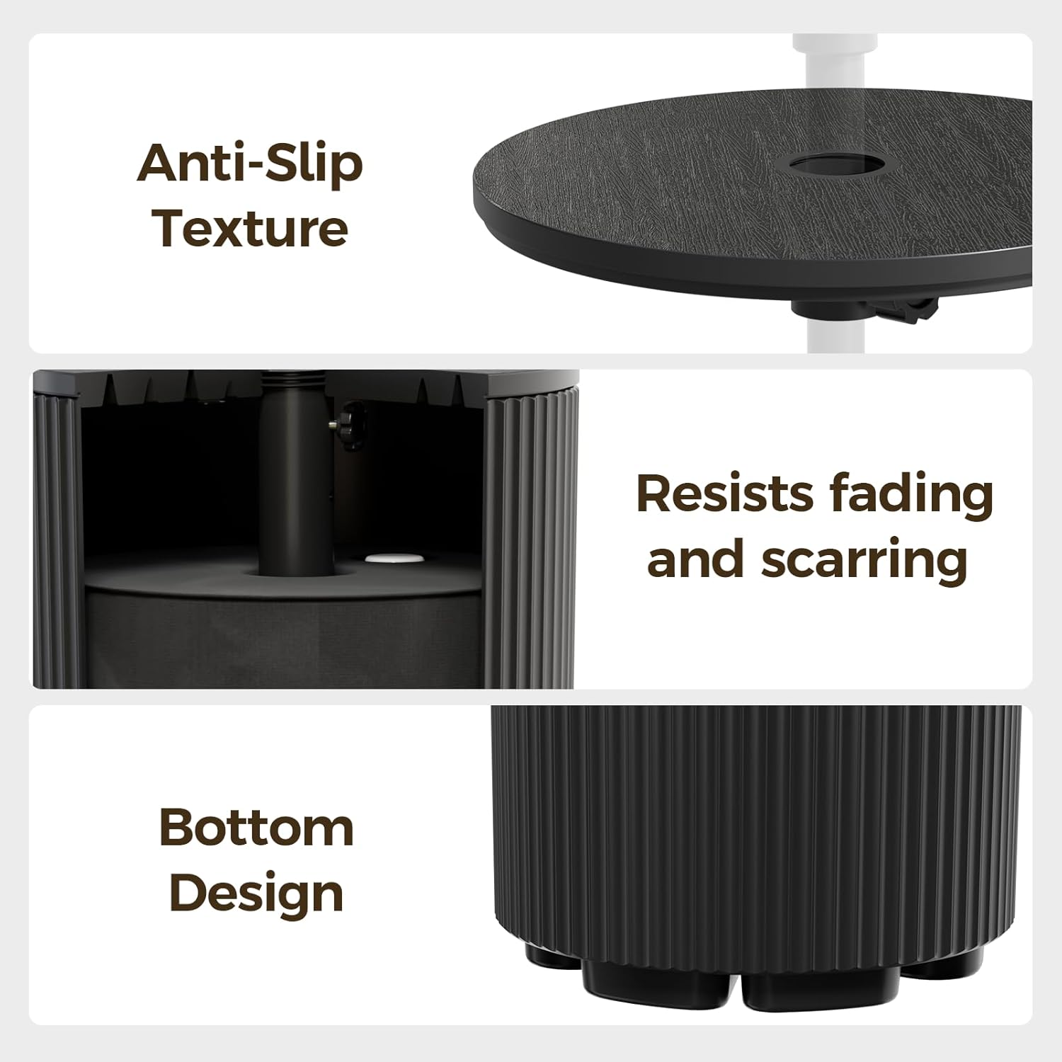 FONTOI Patio Side Table with Umbrella Hole, 11.5 Gallon Fillable Umbrella Stand, Suitable for Center Pole Umbrellas with Pole Diameter from 1.5"-1.9", Plastic Table for Outdoor, Black