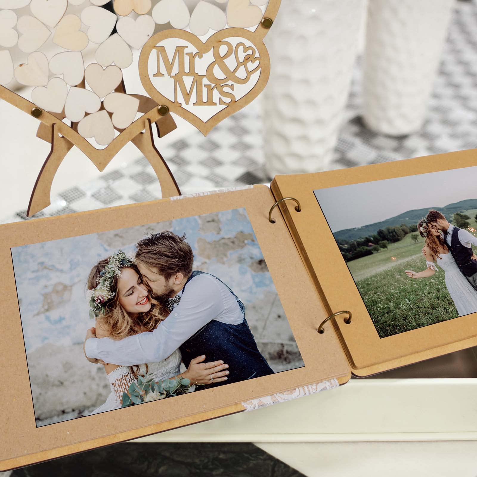 Libro Degli Ospiti Nozze In Tela Di Iuta E Legno - 70 Pagine, Con Cuori Decorativi, 24,5x16x6 Cm, Perfetto Per Matrimonio