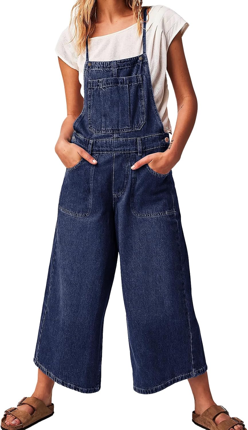 ebossy Women's Adjustable Spaghetti Strap Bib Overalls Casual Loose Wide Leg Capri Jean Jumpsuit