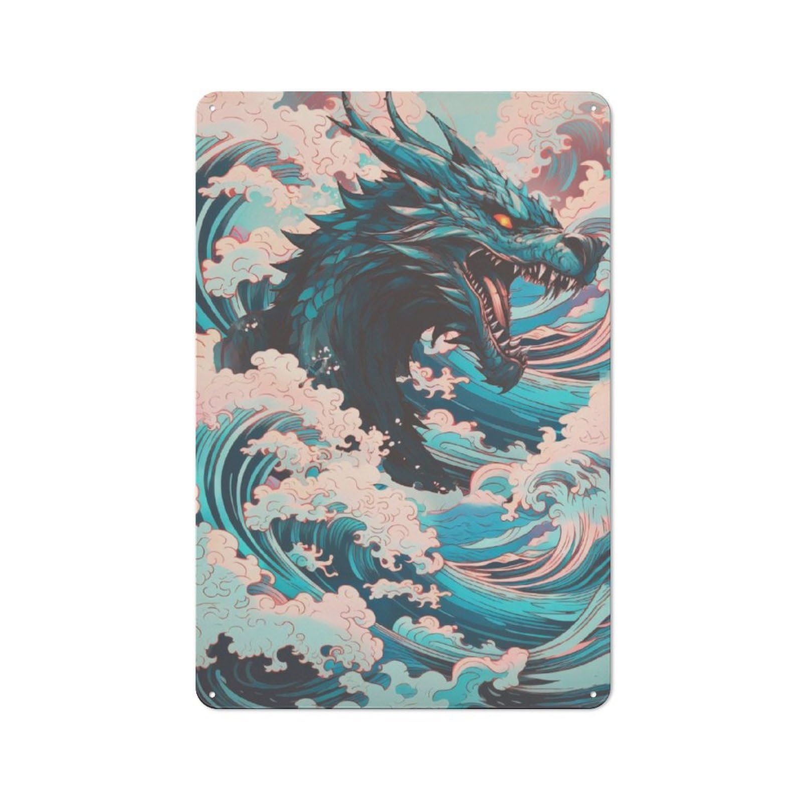 Junmoney Kanagawa Dragon Asian Rustic Metal Sign 30X20cm For Café Or Restaurant, For Vintage Wall Decor Fans, For Living Room And Hallway Decor