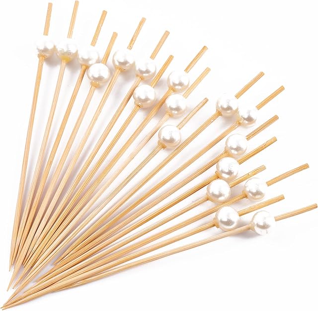 PuTwo Cocktail Sticks 100 Counts Wooden Toothpicks for Nibbles Tapas Sandwich Canopes Appetisers - White Pearl