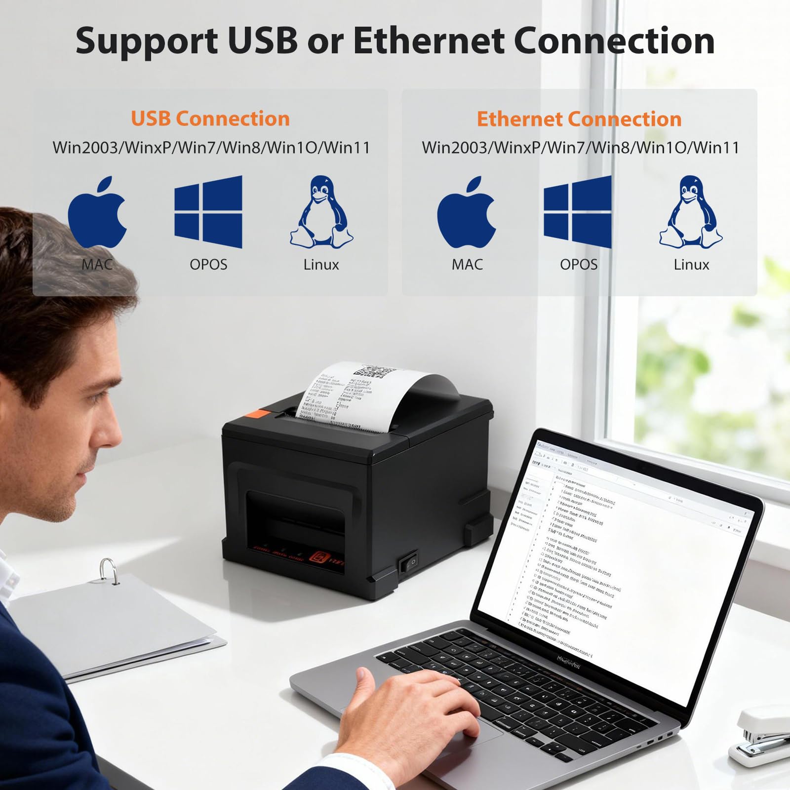 Stampante, Termica Mini Senza Cartucce Stampante Scontrini POS Scontrini 80Mm Taglierina Automatica Supporto Per Cassetto Contanti Interfaccia USB/Ethernet Compatibile Con Windows/MAC/Linux (ESC/POS)