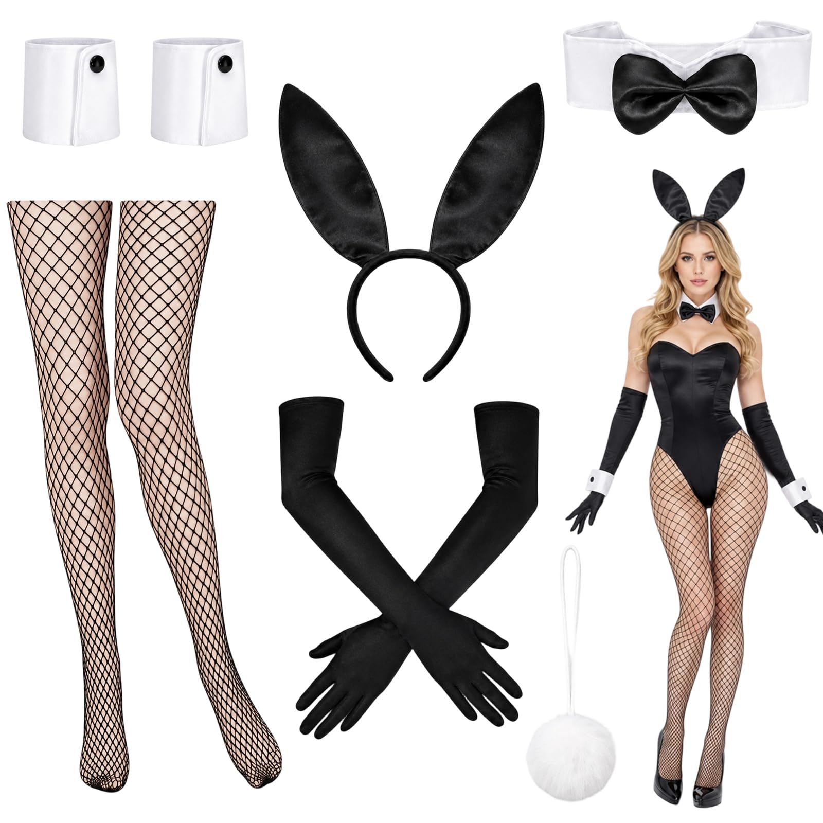 7 PCS Playboy Bunny Costume Adult, Halloween Costumes for Themed Party