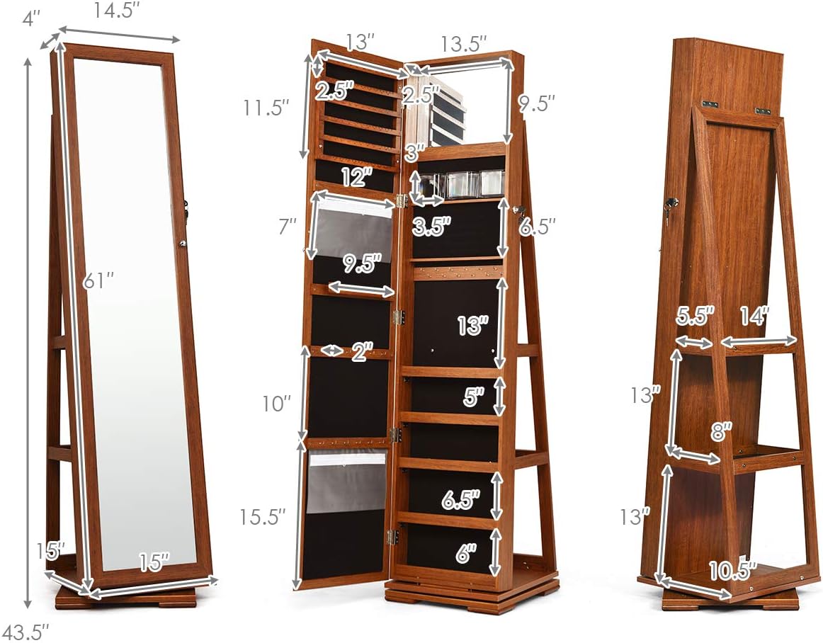MAT EXPERT 360 Rotating Jewelry Armoire with Mirror, Freestanding Jewelry Storage Mirror w/78 Ring Slots, 24 Necklace Hooks, 120 Earring Slots, Lockable Jewelry Organizer for Makeup (Walnut)