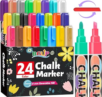 24 Pack Chalk Markers, 6mm Reversible Liquid Chalk Markers for Windows, Glass, Mirror or Chalkboard Marker More, Erasable Window Marker for Glass Washable, Non-Toxic