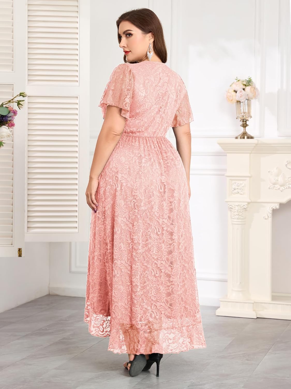 ZOMVA Plus Size Floral Lace Dress Wrap V Neck High Low Ruffle Sleeve Evening Gown Formal Dresses Wedding Guests Cocktail - Image 3