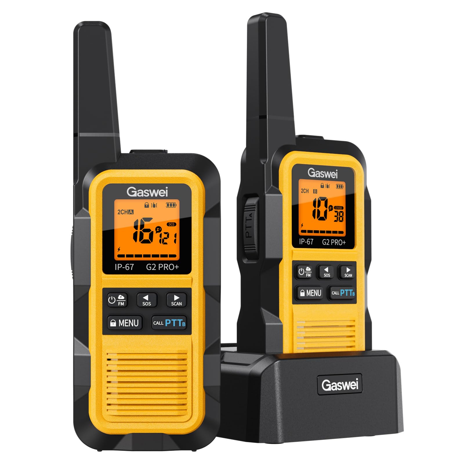 Gaswei G2Pro Walkie-Talkies Profesionales, 2 Unidades - IP67 Impermeable y Flotante, Largo Alcance, SOS, Radio FM, Color Amarillo​ - 1