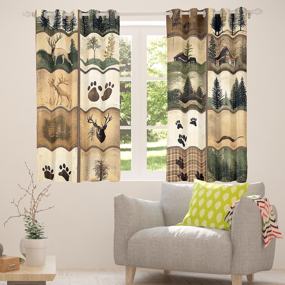 Feelyou Cute Deer Bear Darkening Drapes Deer Hunting Curtain for Room Antlers Wild Animal Rustic Cabin Bear Paw Tree Plaid Blackout Curtain (2 Panels, 38 x 54 Inch) Wood Window Treatments