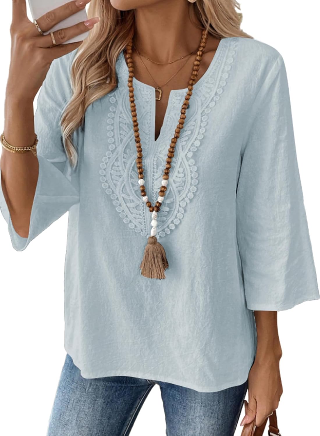 EVALESS Boho Tops for Women Blouses Dressy Casual V Neck 3/4 Sleeve Shirts Spring Outfits Trendy Vacation Clothes thumbnail