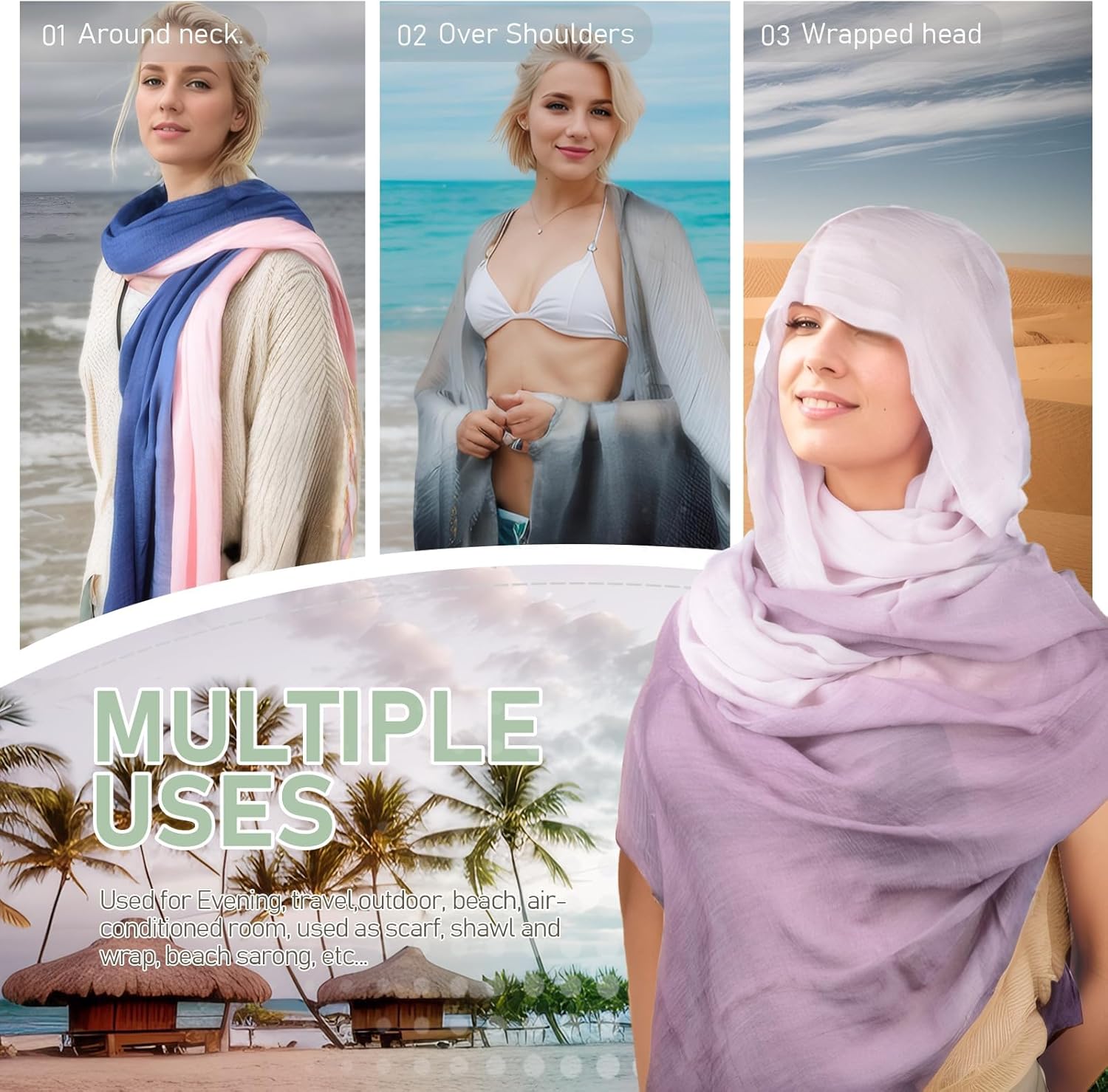 Two-tone Linen Scarf for Women Lightweight Summer Wrap Cotton Shawl Beach Travel Pashmina Gauze 75"×35" - Image 7