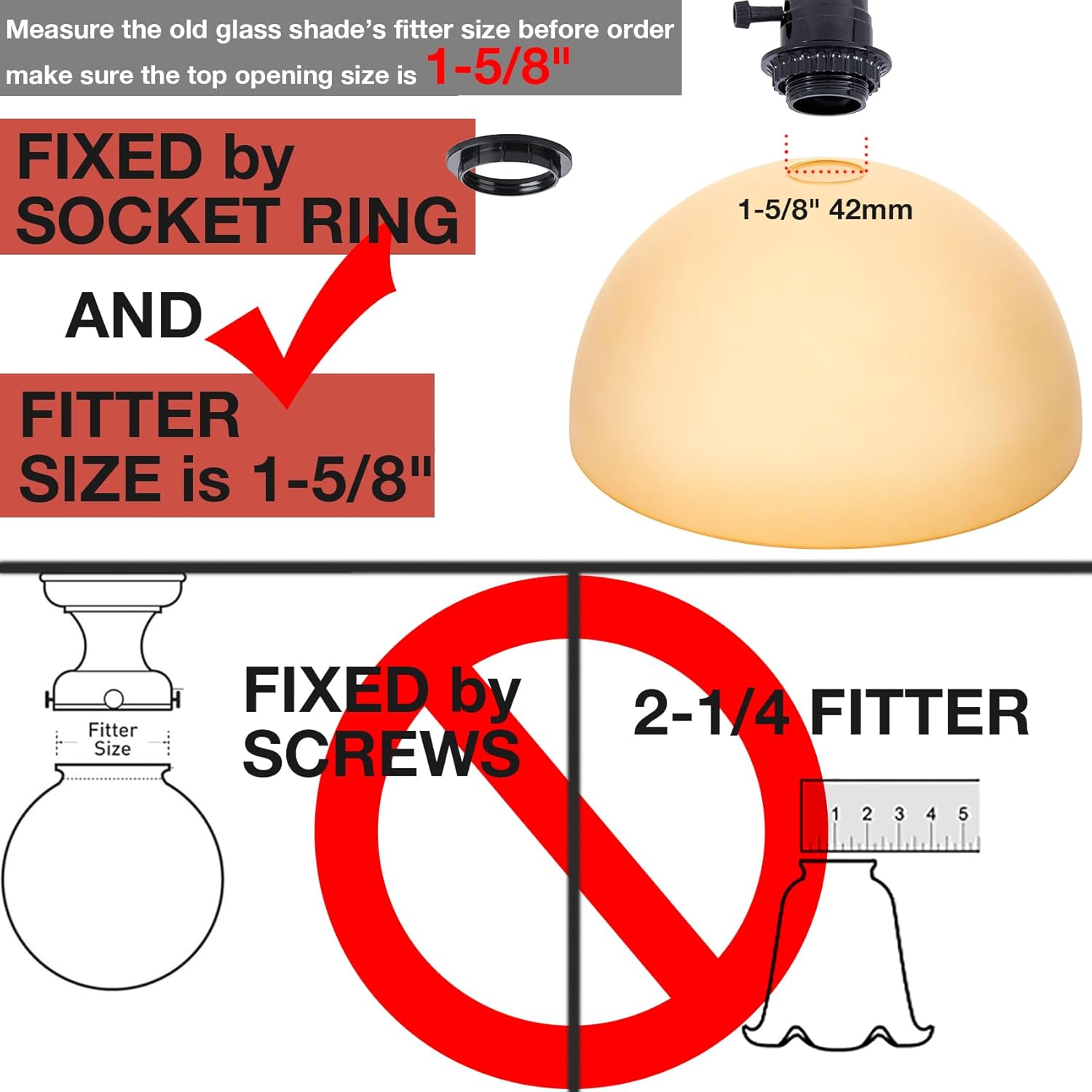 Bowl Glass Lamp Shade Replacement, 1-5/8 inch Fitter, 11.8" Diameter, 6.1" Height, Frosted Amber Globe Cover for Kitchen Island Pendant Light