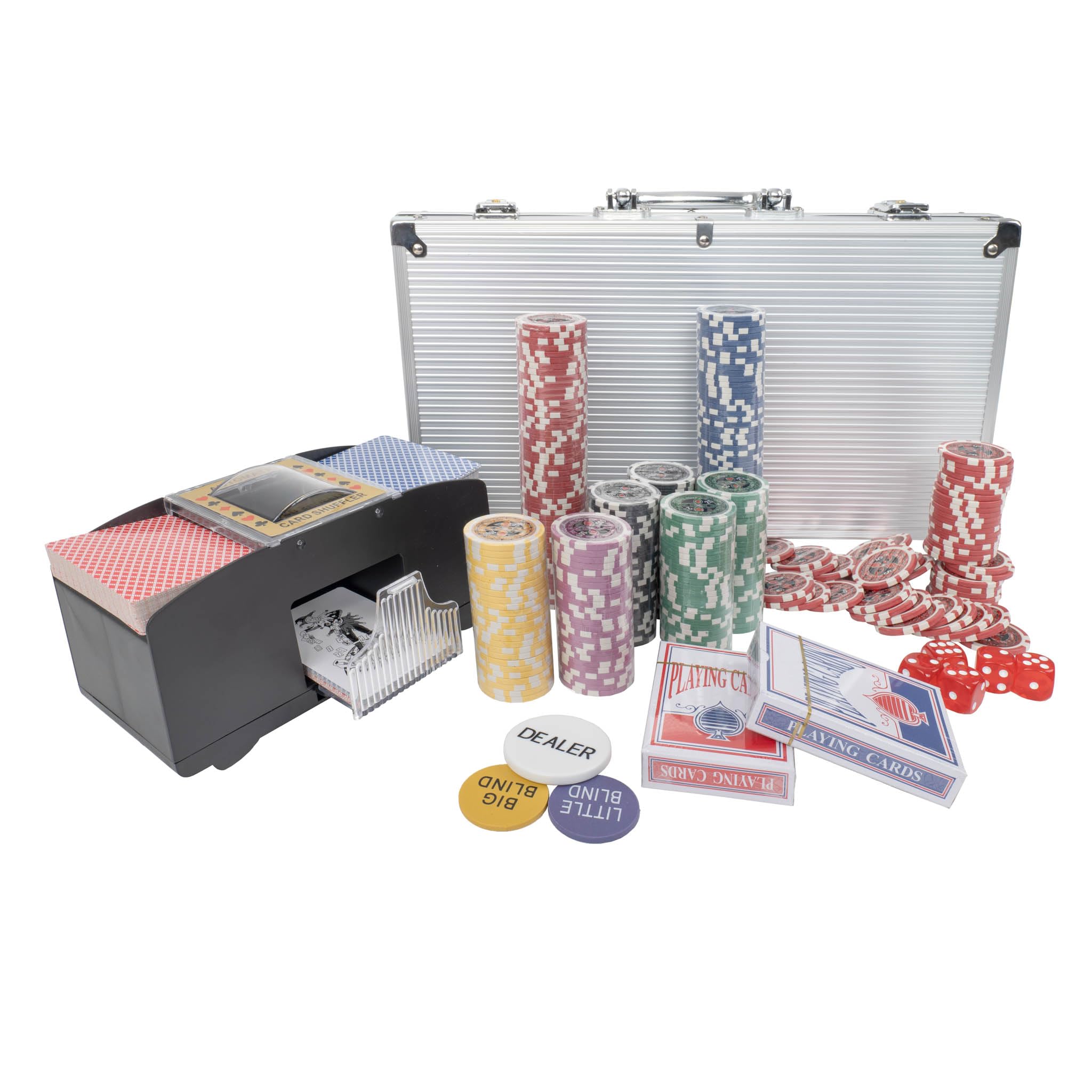 H&F Heimtextilien Walizka pokerowa 500 żetonów z mikserem kart – profesjonalny zestaw do pokera z 6 poziomami wartości, 2 taliami na karty, kostkami i guzikami krupiera w aluminiowej walizce