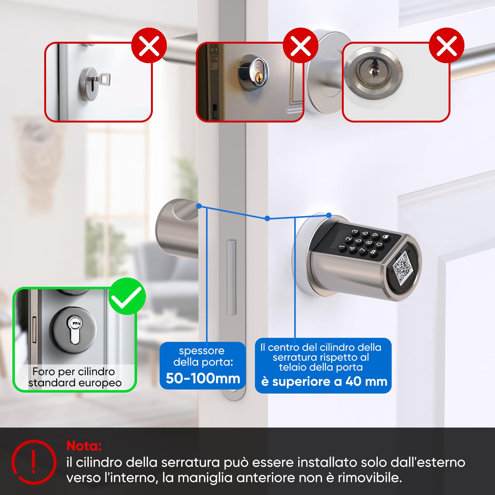 RUILON Serratura elettronica intelligente, Wifi/Password/Scheda RFID/Bluetooth/APP Serratura della porta, Serrature per porte regolabili per spessori della porta 50-100mm