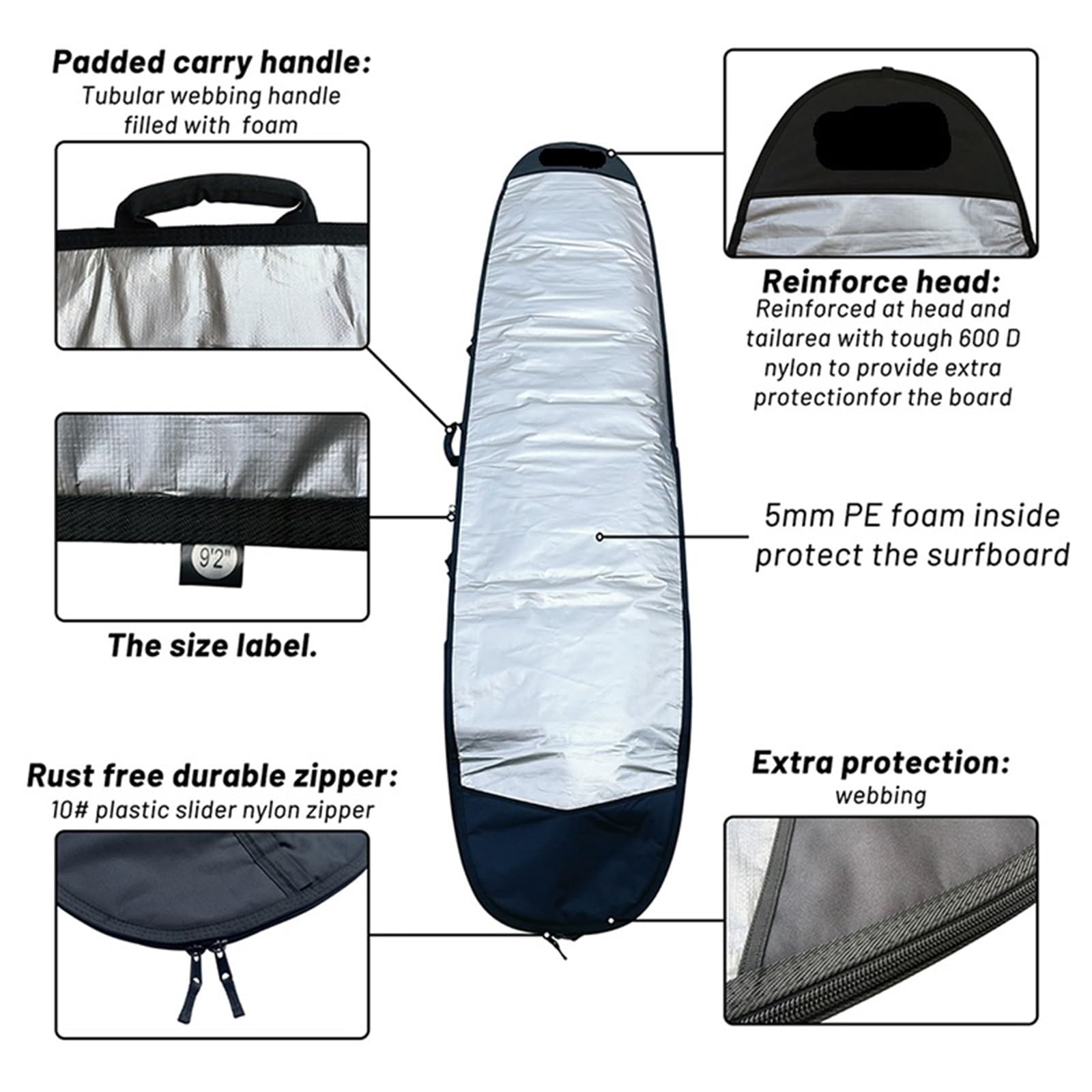 Sup Bag Hochwertige SUP/Surfboard-Tasche 8,6/9,2/9,6 Fuß – wasserdichte Longboard/Skimboard/Pranchas-Abdeckung mit verstellbarem Gurt, Surfen