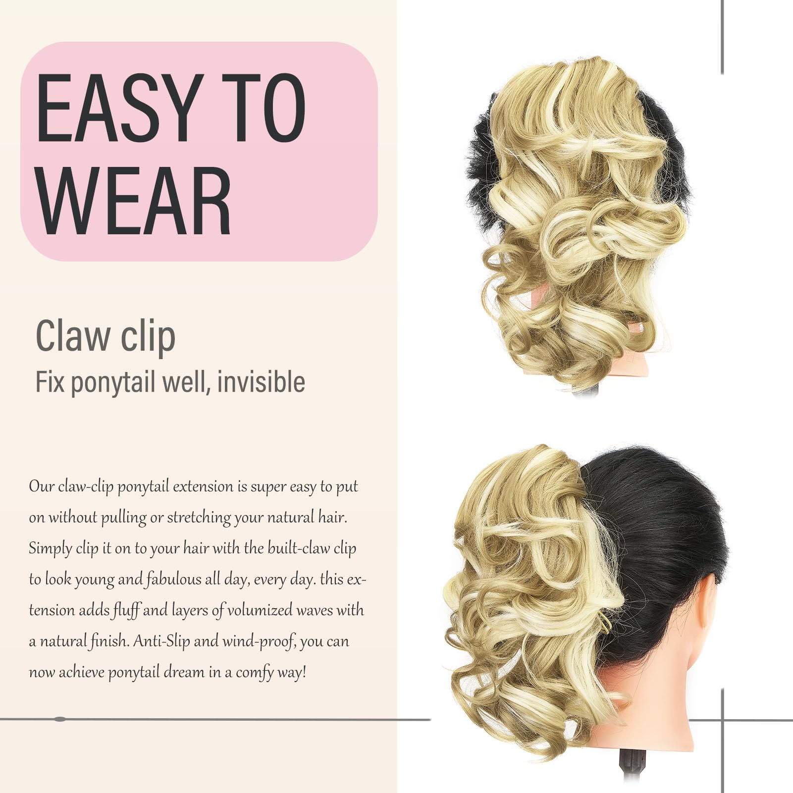Dcbaboo Short Ponytail Extension Curly 12inch Claw Clip in Ponytail Hair Extensions Long Wavy Synthetic Pony tails Natural Wave One Piece Hairpiece Fake Ponytail for Women Sandy Blonde/Bleach Blonde - Image 4