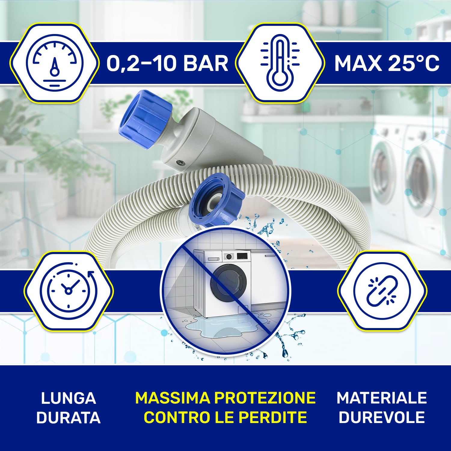 Tubo Carico Lavatrice/lavastoviglie MONTERAL 3,5 Metri - 3/4” Con Valvole Diritta E Angolata - Made In EU, Garanzia 10 Anni