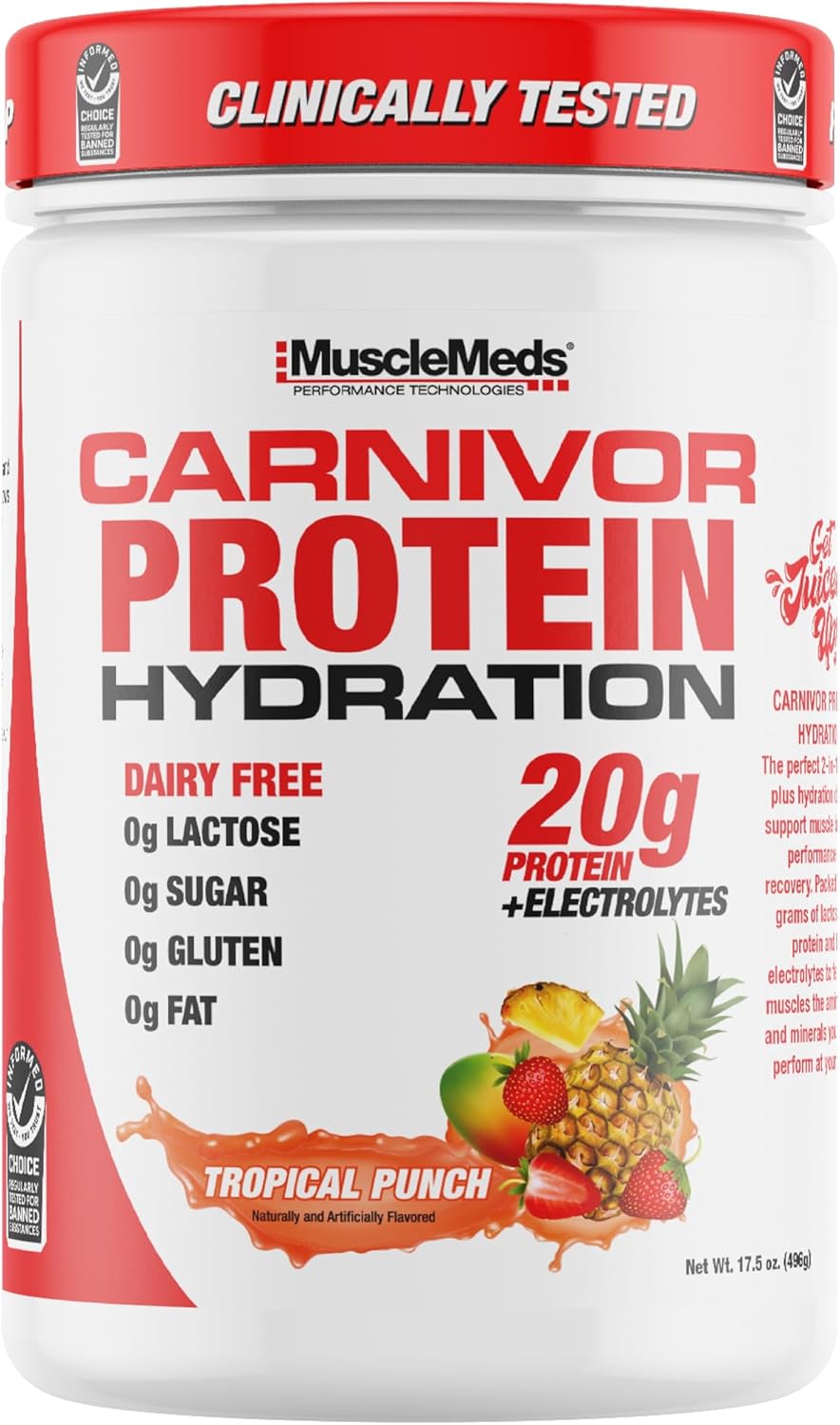 MuscleMeds Carnivor Protein Hydration Drink Powder, 20g Refreshing Protein Isolate, Lactose Free, Sugar Free, Electrolytes, Muscle Building, Recovery, Halal Certified, Tropical Punch, 20 Serve