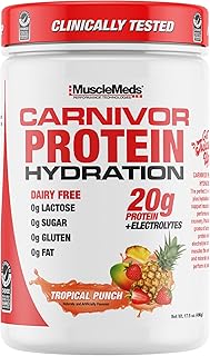 MuscleMeds Carnivor Protein Hydration Drink Powder, 20g Refreshing Protein Isolate, Lactose Free, Sugar Free, Electrolytes, Muscle Building, Recovery, Halal Certified, Tropical Punch, 20 Serve