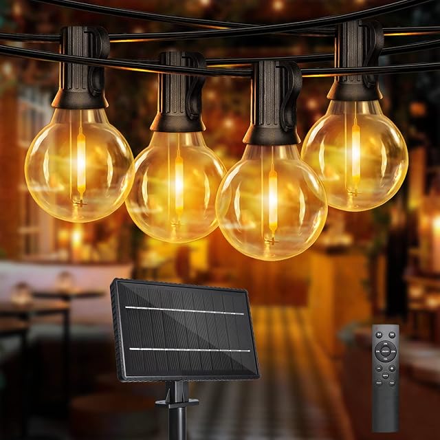 SUWIN 102FT Solar Outdoor String Light, 2700K Waterproof LED Garden String Lighting with 50+2 Shatterproof Bulbs, Globe G40 Solar Festoon Lights with Remote Control for Backyard Wedding Porch Patio