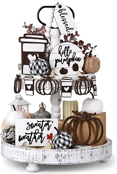 FairySandy 19 Pcs Rustic Fall Tiered Tray Decor Autumn Farmhouse Home Decorations Set Fall Wood Tray Decor Rustic Autumn Thanksgiving Day Decorative Sign for Tabletop Kitchen Office Decorations