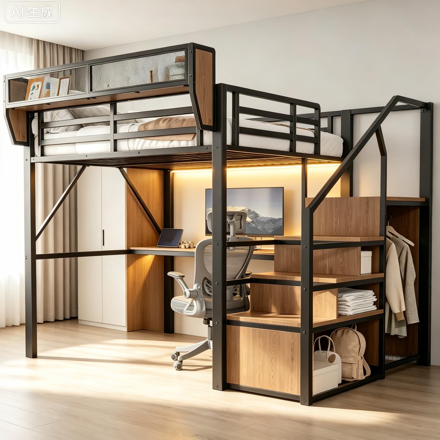 Lit Mezzanine 140 x 200 cm,Eclairage LED,Bureau,Escalier Sécurisé et Espaces de Rangement