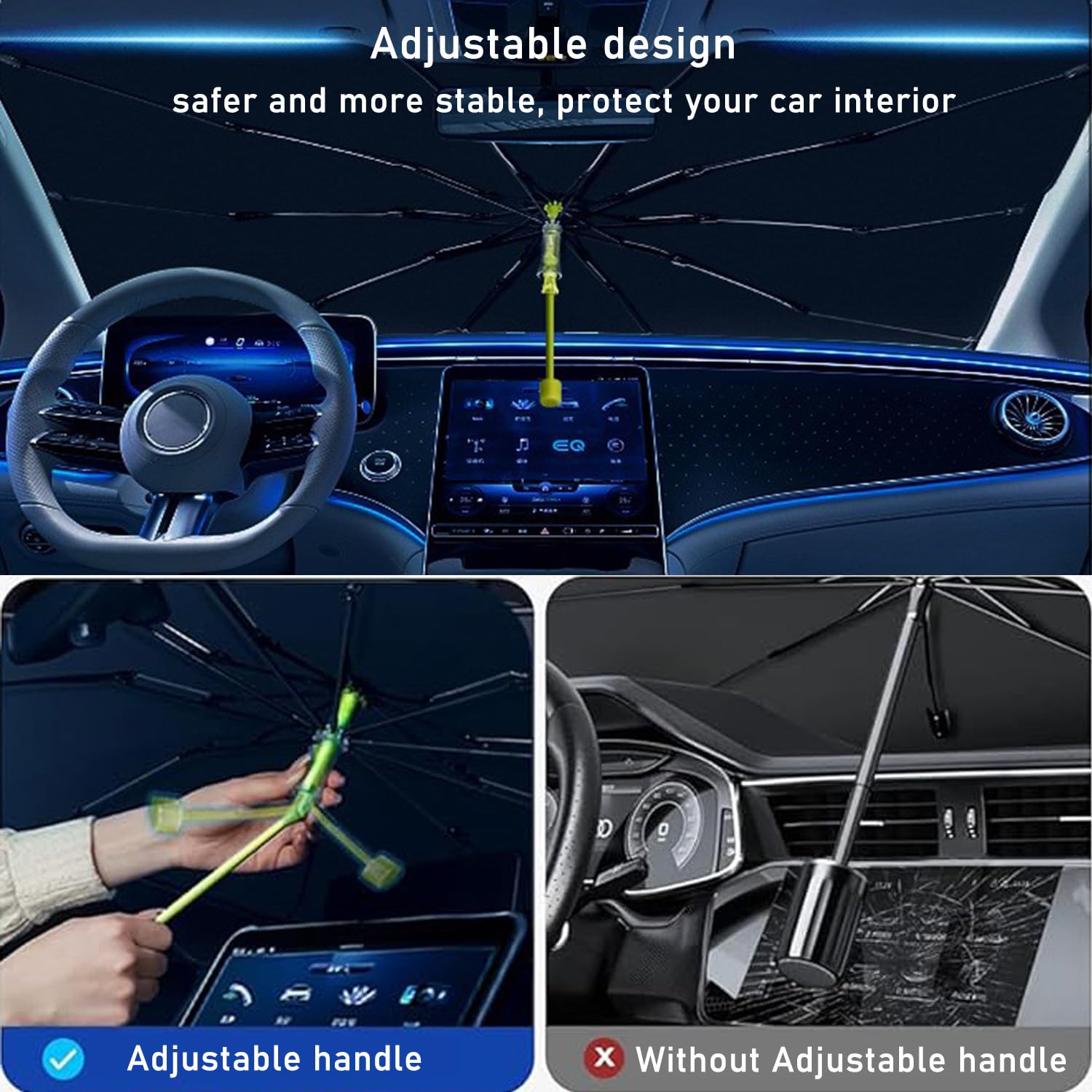 Pare Soleil Voiture Pare Brise Avant, 140x75cm Rotatif Parapluie Pare Soleil Voiture Protection UV, Pliable Parasols de Voiture pour la Plupart des Voitures, SUV (M)