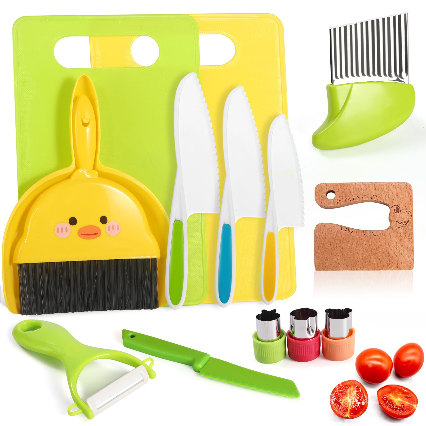 14PC Montessori Toy Safe Kitchen Knife Set for Toddler, Kids Knife Set for Real Cooking with Cutting Board, Gift for 3-12 Year Old Girl Boy Bithday Chistmas, Little Chef Cooking Tool for Kid Age 3-12