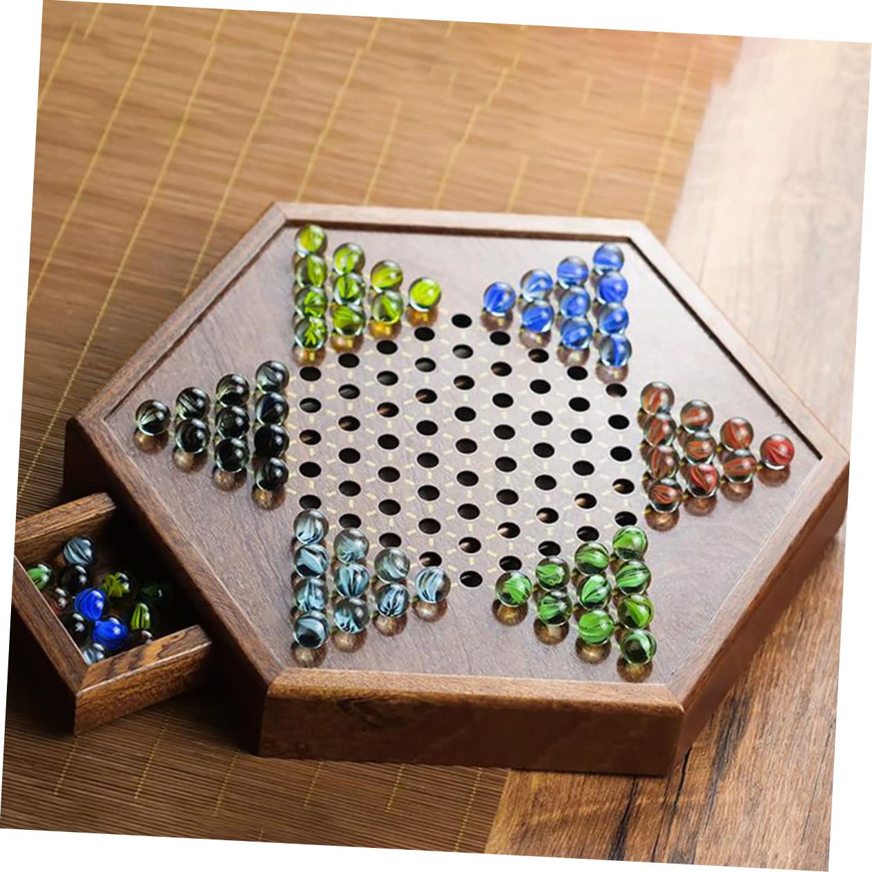 Damas Chinas De Madera con De Vidrio Tablero Hexagonal con Cajón De Almacenamiento Entretenimiento Familiar para Niño Niña y Adultos