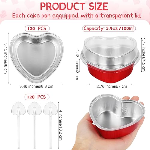 Miniatura 2 de 120 piezas de 3.4 onzas de 3.4 onzas en forma de corazón de San Valentín con tapas y cucharas, mini moldes de papel de aluminio para pasteles,