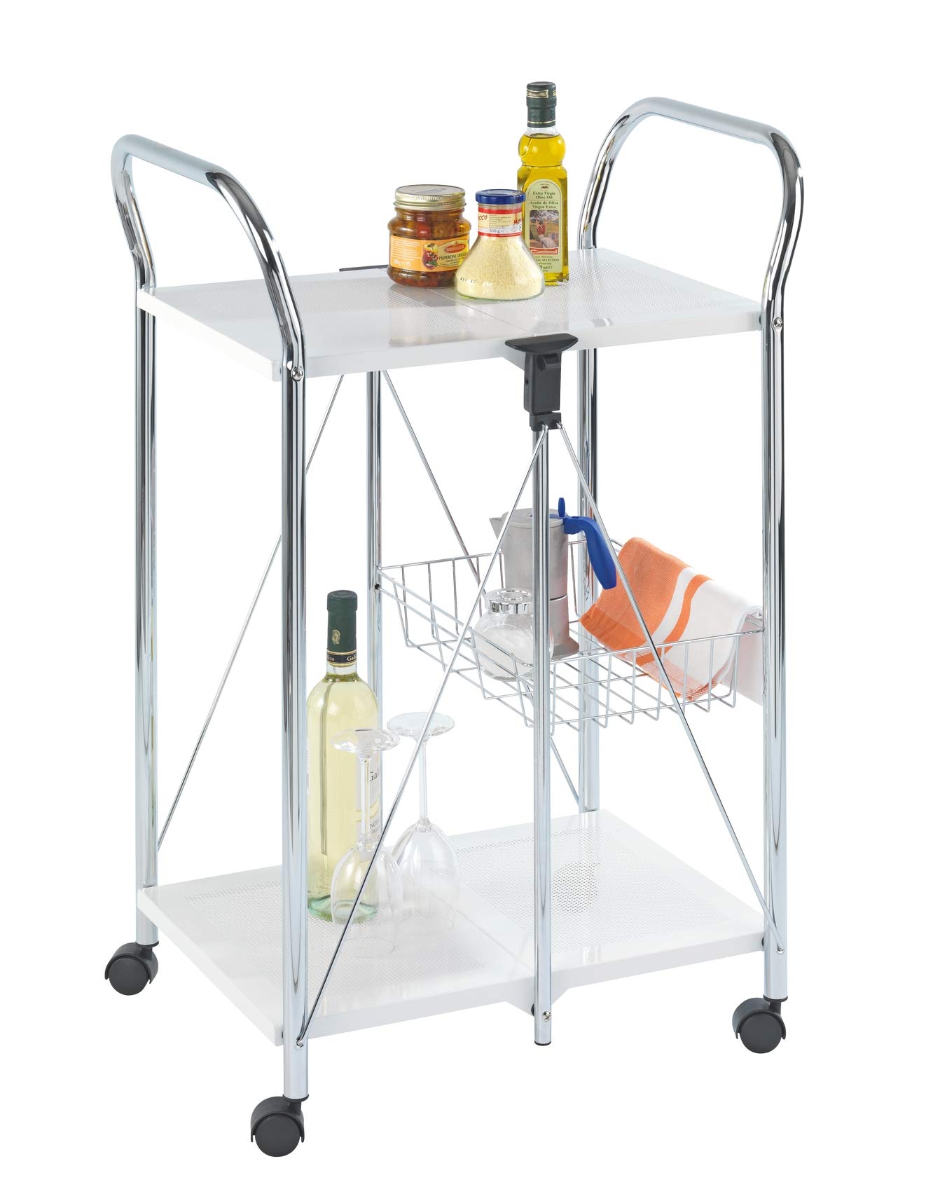 WENKOSunny Kitchen and Utility Trolley, Powder-Coated Metal, Household and Kitchen Utensil Storage, Portable & Foldable Tray, 56.5x90.5x44cm, White