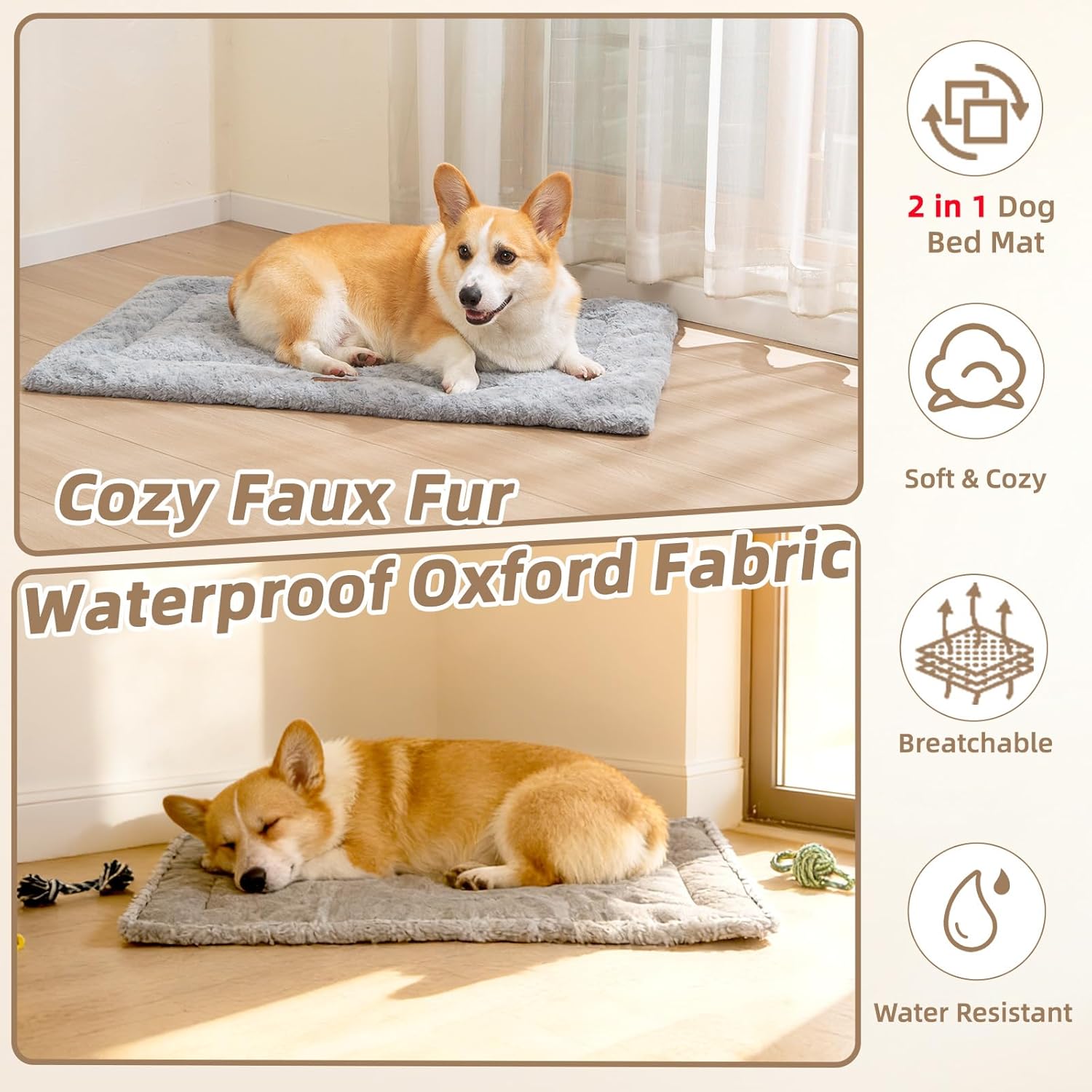 Reversible Dog Bed Mat 29"x18" for Small Medium Dogs - Supportive Double-Sided Crate Pad, All-Season Cooling & Warmth, Ultra Soft Machine Washable Pet Bed, Fits Most 30-Inch Kennels, Light Grey