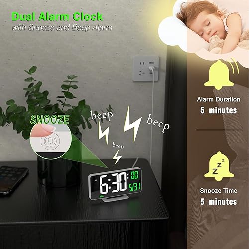 Miniatura 5 de KOSUMOSU Reloj despertador para dormitorio, reloj digital de escritorio LED de 6.7 pulgadas, reloj de espejo, reloj despertador dual para sala de
