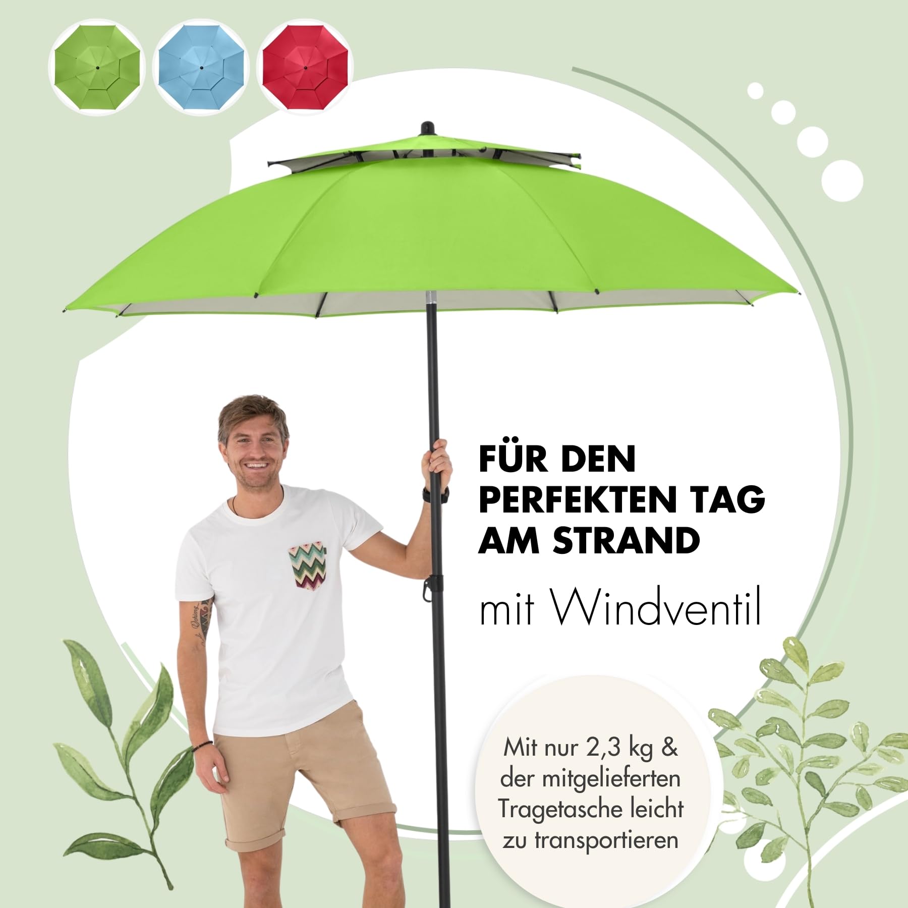 doppler derby Windprofi 200cm in Apfelgrün I Sonnenschirm für Strand sowie Balkon & Terrasse I Schirm höhenverstellbar I Mit UV-Schutz I knickbar I Für Freibad I Strandschirm