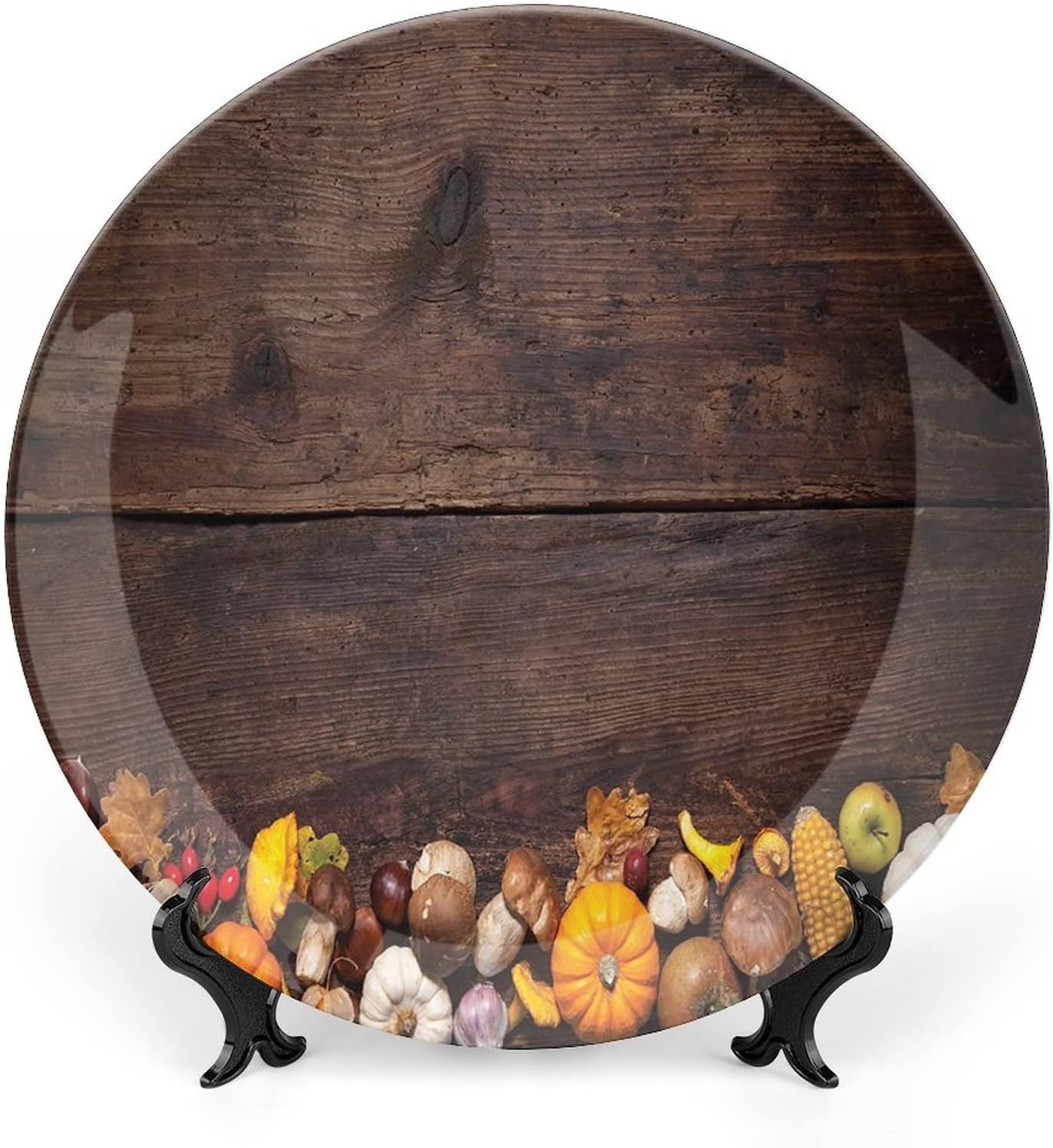 XISUNYA 8 Inch Decorative Plate, Harvest Porcelain Plate, Dark Colored Wooden Table Autumn Vegetables Corn Pumpkin Print Ceramic Wall Hanging for Home & Office Wall Hanging Decor