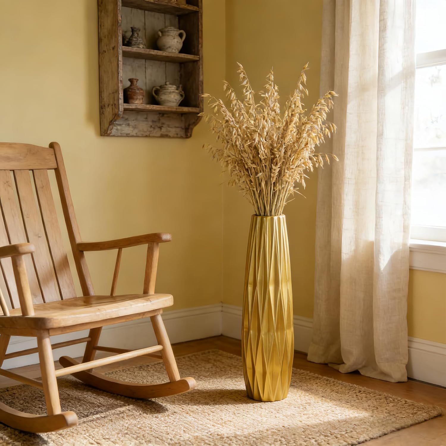 gold ceramic tall floor vase,28 inch large modern flower vases for home décor,wicker big floor vase decorations for farmhouse, living room,bedroom,standing plastic vases decorative tall shape 1 gold 28 inch