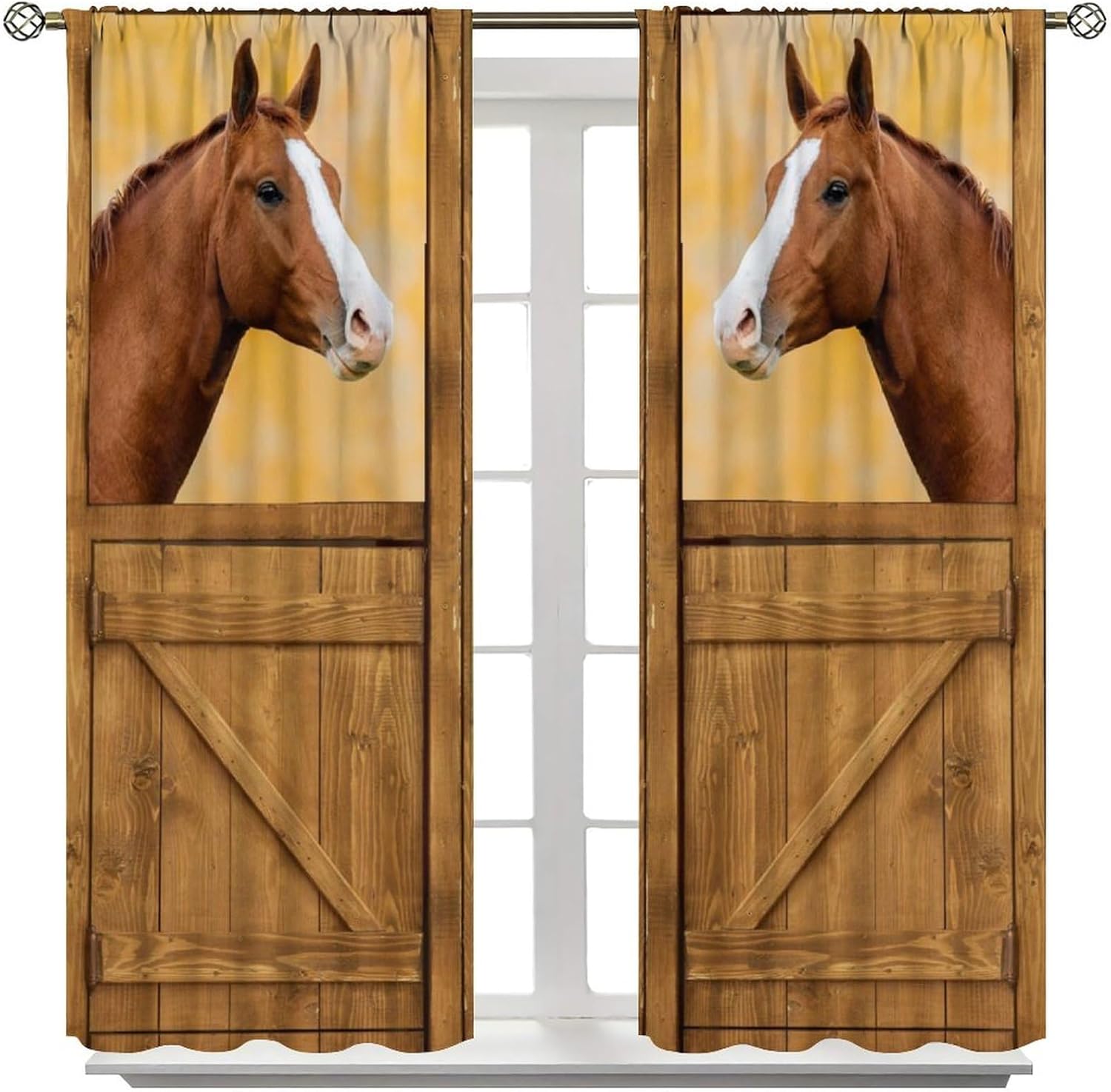 Stall Half Funny Blackout Window Curtain Rustic Horse Curtains Barn Door Small Farm Country Animal Western Barn Wood for Home Kitchen Restaurant Decoration Window Curtain 2Panel 42"W X 45"L