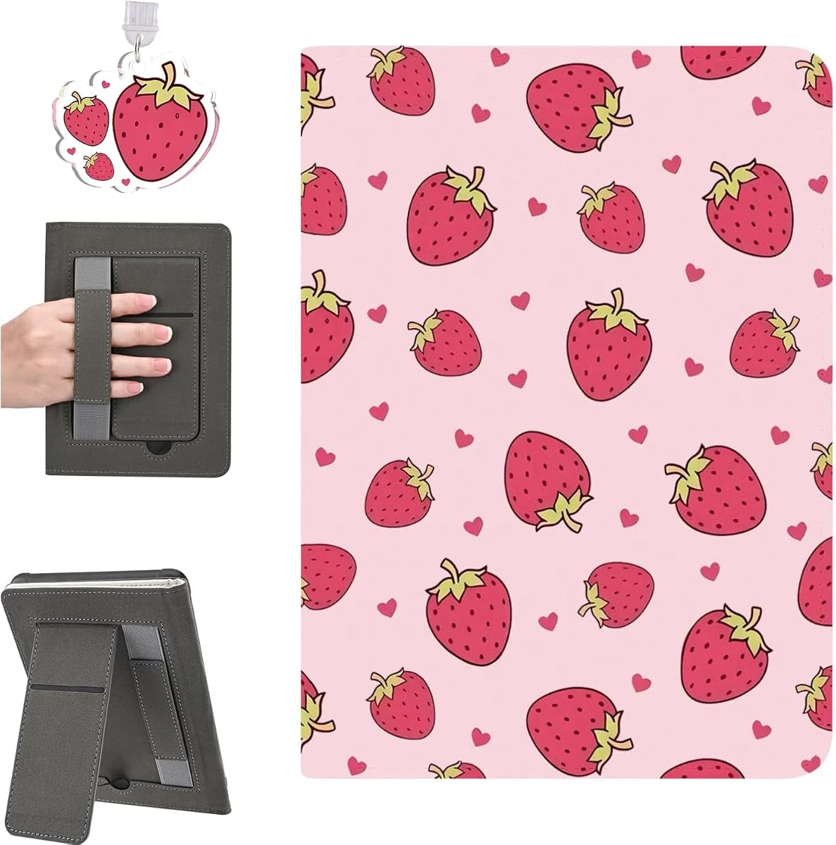 Cute Pink Strawberry Stand Case for 6" Kindle (2024 & 2022 11Th) with Dust Plug Stylish Girl Fruit Pu Leather Soft Cover Auto Sleep/Wake & Hand Strap Simple Kickstand Slim Case for Kindle