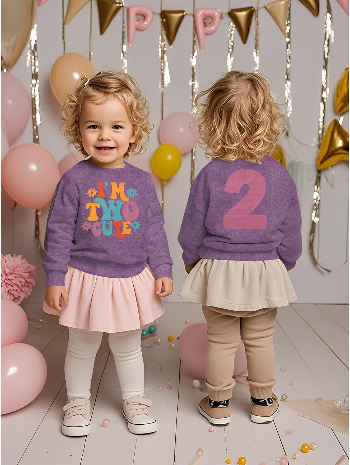 KEKEMI Birthday Sweatshirt for Toddler Girl I’M TWO CUTE Birthday Girl Outfit 2T B-Day Party Long Sleeve Shirt Cute Fall Tops - Image 3