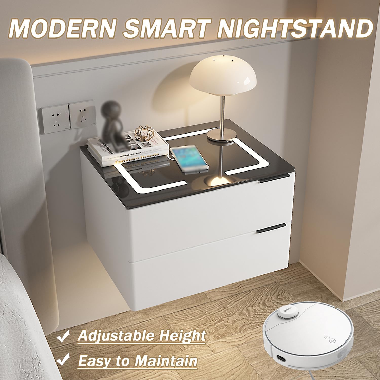 Floating Nightstand with Charging Station, Modern Night Stand with 2 Drawer, Floating Vanity Table with Adjustable LED Light, Wall Mounted Bedside Table, for Bedroom,Black,50cm/20in