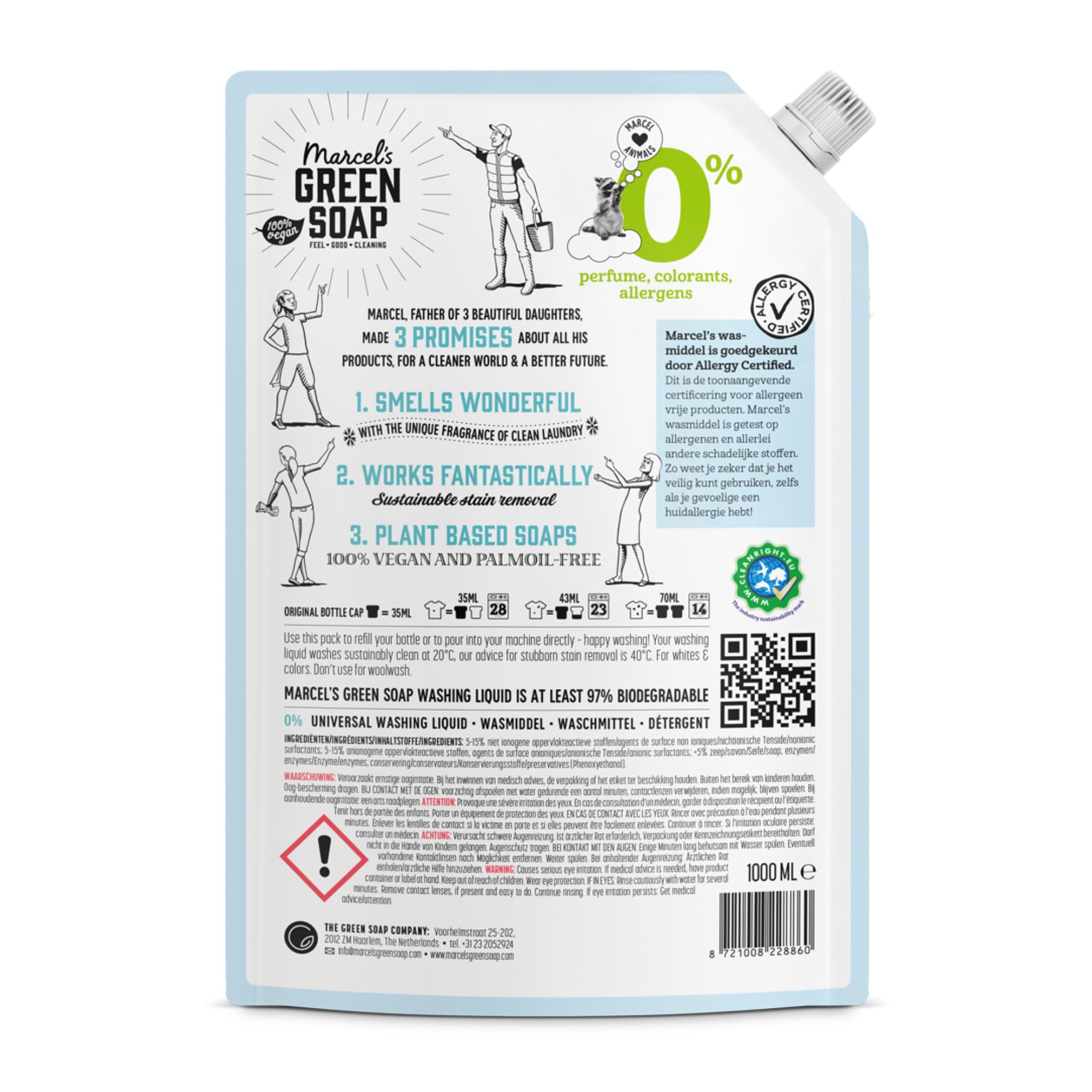 Marcel's Green Soap Recharge de liquide de lavage 0 % - Certifié hypoallergénique - Détergent à lessive - Sans microplastique et huile de palme - Végétalien - 95 % biodégradable - 4 L, 1 L (lot de 4)